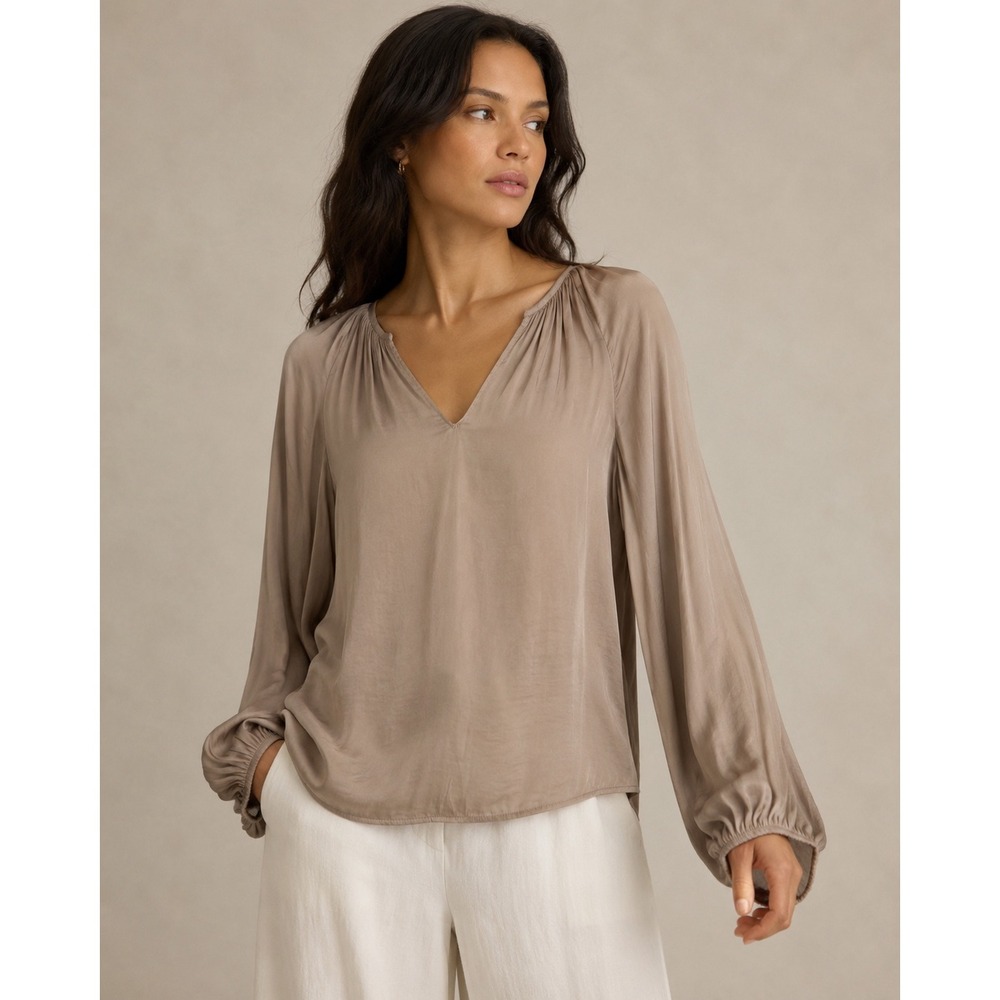 Banana Republic Taupe Champagne Satin V-Neck Blouse Bishop Sleeve Small - Picture 1 of 7